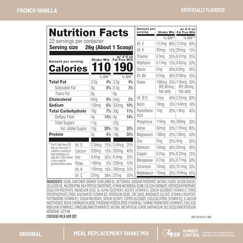 SlimFast Meal Replacement Powder, Original French Vanilla, Weight Loss Shake Mix, 10g of Protein, 22 Servings (Packaging May Vary) - Image 3