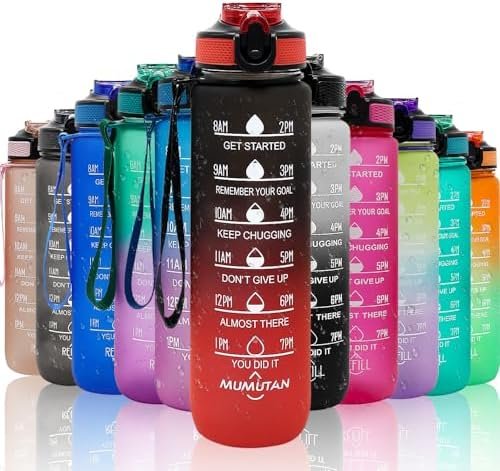 32oz Sports Water Bottle Outdoor, with Drinking Time and Capacity Labels, Sport Water Cups with Straw,BPA Free Leak Proof,for Fitness Gym Running Climbing(32oz Black red)