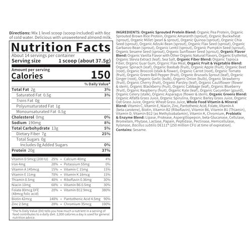 Garden of Life Meal Replacement Shakes, Vegan Protein Powder, Raw Organic Protein Powder, Vanilla Protein Powder with Plant Based Pea Protein, Sprouts, Greens, Probiotics, Dairy Free 14 Servings - Image 6