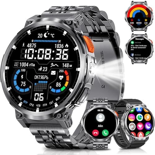 1.85″ Big Screen Military Smart Watch for Men with Flashlight, 730mAh Large Battery, IP68 Waterproof, Bluetooth Calling, 114 Sports Modes, Heart Rate/Sleep Monitor for iOS Android