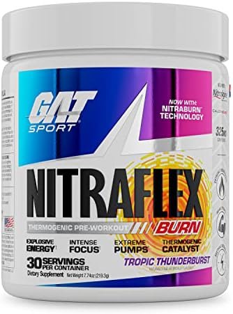 GAT SPORT NITRAFLEX Burn, Pre Workout Thermogenic Powder, Tropic Thunderburst, 30 Servings