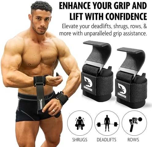DMoose Fitness Weight Lifting Hooks for Men & Women (Pair) - 8 mm Thick Wrist Padding - Weight Grips for Powerlifting, Shrugs, Rows & Deadlift Support - Gym Lifting Straps with Pull Up Hooks - Image 2