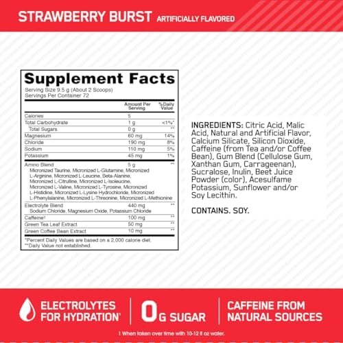 Optimum Nutrition Essential AMIN.O Energy & Electrolytes - Energy, Focus & Post-Workout Muscle Recovery - Strawberry Pre-Workout Electrolyte Powder Drink - Strawberry Burst, 1.51 lb (72 Servings) - Image 2