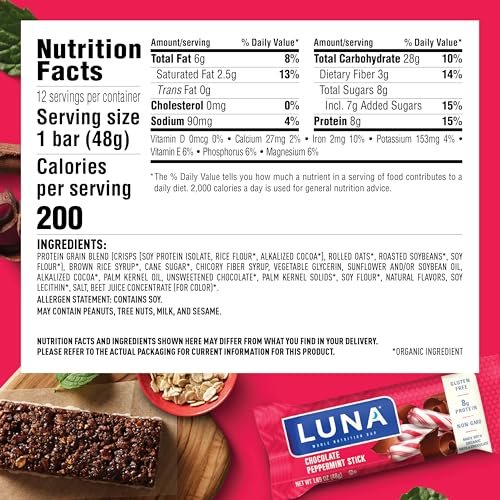 LUNA Bar - Chocolate Peppermint Stick Flavor - Snack Bars - Non-GMO - Gluten-Free Protein Bars - Made with Organic Oats (12 Pack) - Image 6
