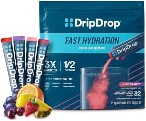 DripDrop Hydration Packets – Juicy Variety Pack – Single Serve Electrolytes Powder Drink Mix – Grape, Fruit Punch, Strawberry Lemonade, Cherry – Non-GMO, Gluten Free, Vegan – 32 Sticks