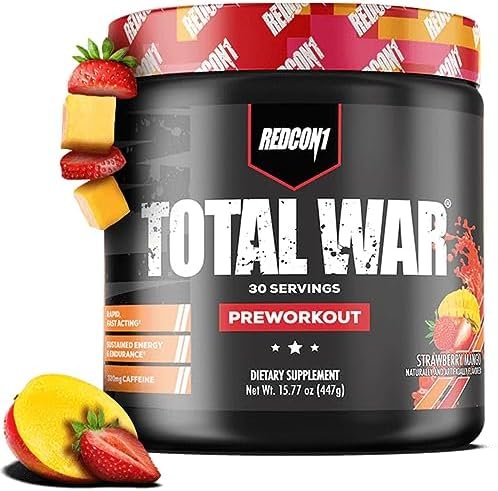 REDCON1 Total War Pre Workout Powder, Strawberry Mango – Beta Alanine + Citrulline Malate Keto Friendly Preworkout for Men & Women with 320mg of Caffeine – Fast Acting (30 Servings)