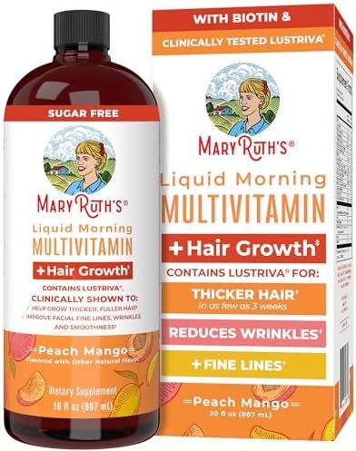 MaryRuth Organics Liquid Multivitamin + Lustriva® Hair Growth for Women| Biotin 10000mcg | Vitamin B & D | Clinically Tested for Thicker Hair, Wrinkles, Fine Lines, Skin Care | Ages 18+ | 30 Fl Oz