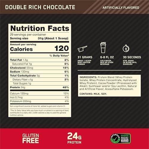Optimum Nutrition Gold Standard 100% Whey Protein Powder, Double Rich Chocolate, 2 Pound (Packaging May Vary) - Image 4