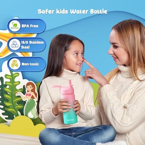 Kids Water Bottle, 2-Pack 16oz Kids Water Bottle with Stickers for School, insulated Stainless Steel Straw Cup(Pink+Blue) - Image 4