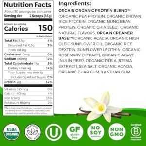 Orgain Organic Vegan Protein Powder, Vanilla Bean – 21g Plant Protein, 6g Prebiotic Fiber, No Lactose Ingredients, No Added Sugar, Non-GMO, For Shakes & Smoothies, 2.03 lb (Packaging May Vary)
