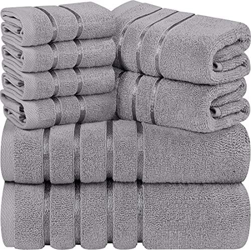 Utopia Towels 8 Piece Luxury Towel Set, 2 Bath, 2 Hand, and 4 Wash Cloths, 600 GSM Ring Spun Cotton, Highly Absorbent Viscose Stripe Towels, Ideal for Everyday use, Cool Grey