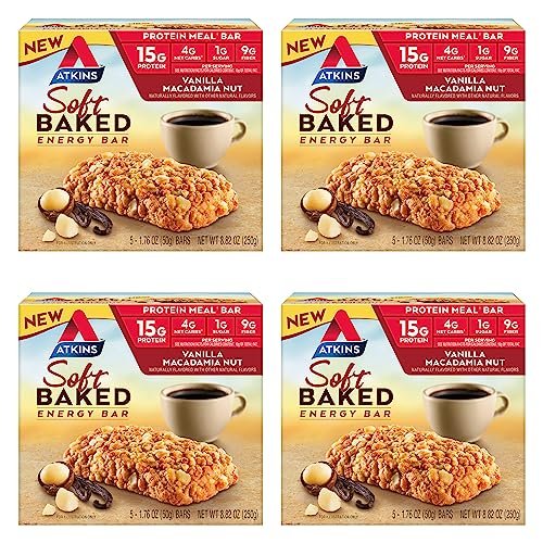 Atkins Soft Baked Energy Bars, Vanilla Macadamia Nut, 15g Protein, 1g Sugar, Excellent Source of Fiber, Low Carb, 4 Packs (5 Bars Each)