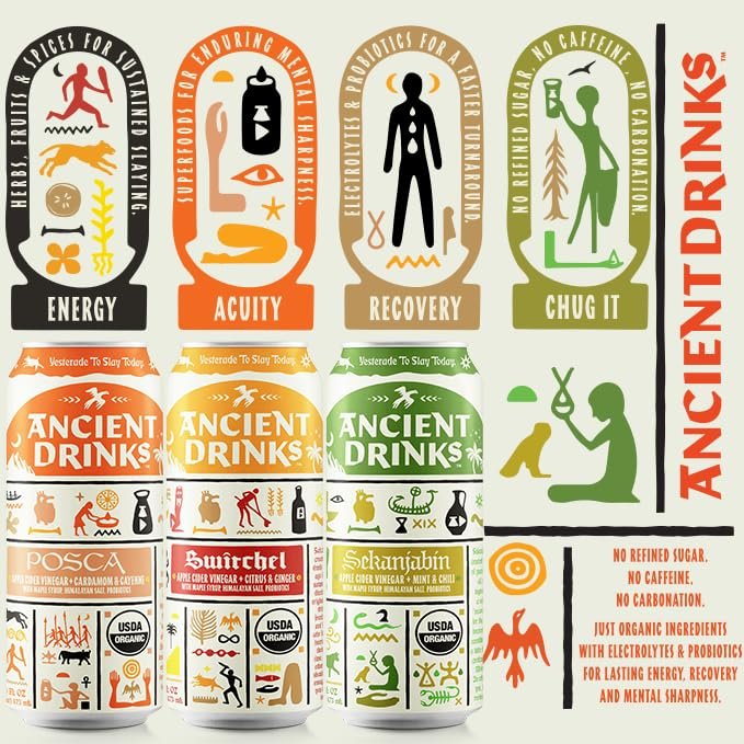 ANCIENT DRINKS Apple Cider Vinegar Beverage with Electrolytes, Vitamins, & Probiotics, Organic, Super-Hydrating Sports Drink - Mixed Pack (Posca, Switchel, Sekanjabin) - 16 fl oz (12 cans) - Image 3